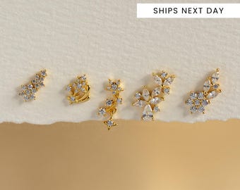 Minimalist Ear Climber Earrings | Stars & Flowers Studs | Sterling Silver Dainty Climber Earrings for Women