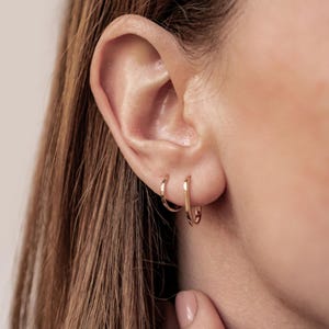 Solid Gold Hoops Set: Oval and Round 14K Gold Earrings | Earring Set for Multiple Piercings | Huggie Earrings | Mismatched Earrings