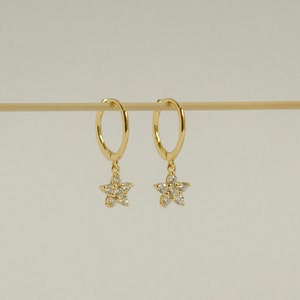 Flower Gemstone Huggie Earrings Gold Plated Sterling Silver 925 Silver Small Hoop Earrings Flower Charm image 3