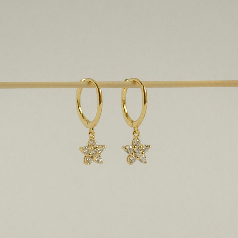 Flower Gemstone Huggie Earrings Gold Plated Sterling Silver 925 Silver Small Hoop Earrings Flower Charm image 3