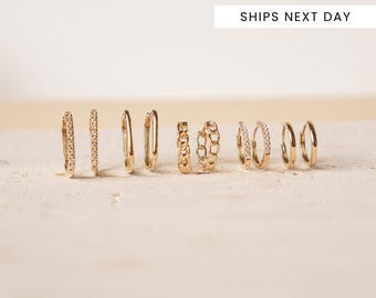 14k Solid Gold Hoop Earrings: Gemstone Huggies