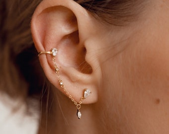 Double Piercing Earring | Single Earring | Sterling Silver Cartilage Earring Chain | Gold Chain Earring | Double Lobe Earring | Double Stud