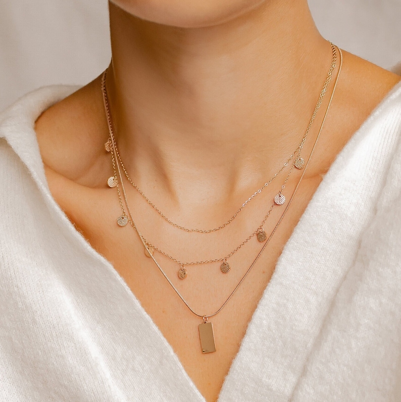Multi-Strand Layered Necklaces Rose Gold 2 Necklaces: Double Layer Circle Necklace and Delicate Dog Tag Necklace Necklace Set of 2 Gold Rose gold