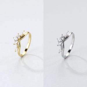 May include: Two rings, one gold and one silver, each with a V-shaped band. The gold ring features a cluster of clear, sparkling stones at the top. The silver ring has a similar design with clear stones.