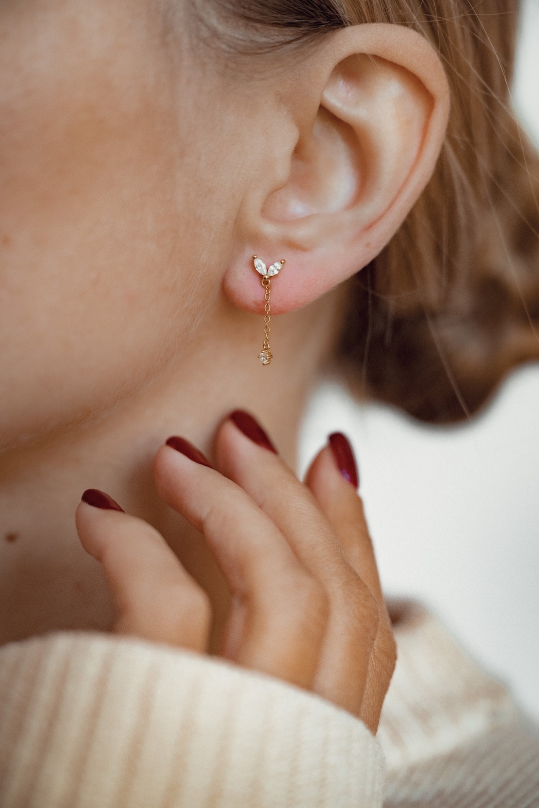 Boucles D'oreilles Argent Sterling Et CZ - Lune Goutte - Femme Minimaliste