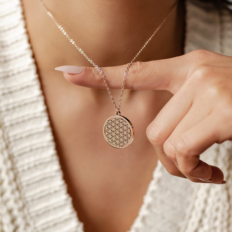 Flower of Life Necklace Rose Gold Flower of Life Silver Necklace Women Necklace Waterproof Stainless Steel image 1