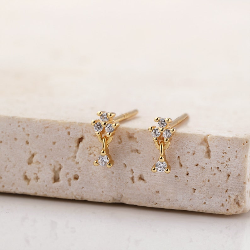 Flower Drop Stud Earrings Sterling Silver Delicate Drop Studs with Gemstone Charm Small Gold Flower Earrings image 2