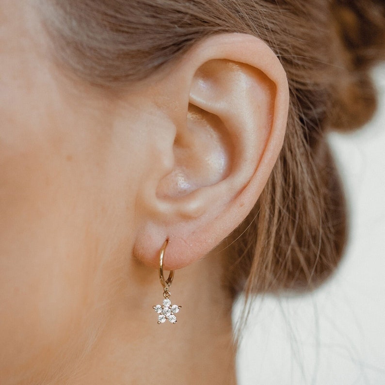 Flower Gemstone Huggie Earrings Gold Plated Sterling Silver 925 Silver Small Hoop Earrings Flower Charm image 1