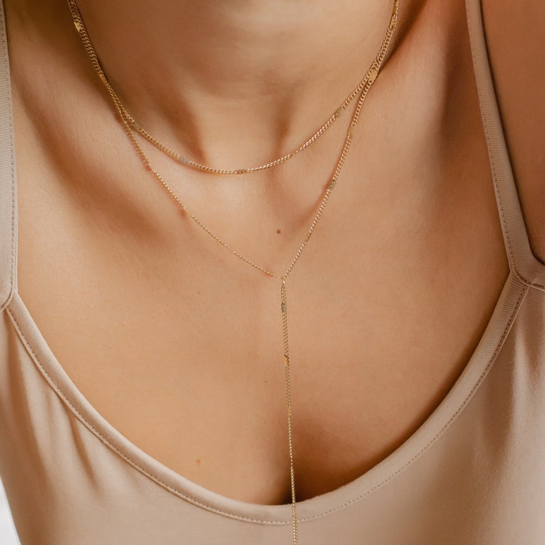 Long Layered Necklace in Gold Colour Delicate Y Necklace Double Row Necklace Stainless Steel image 10