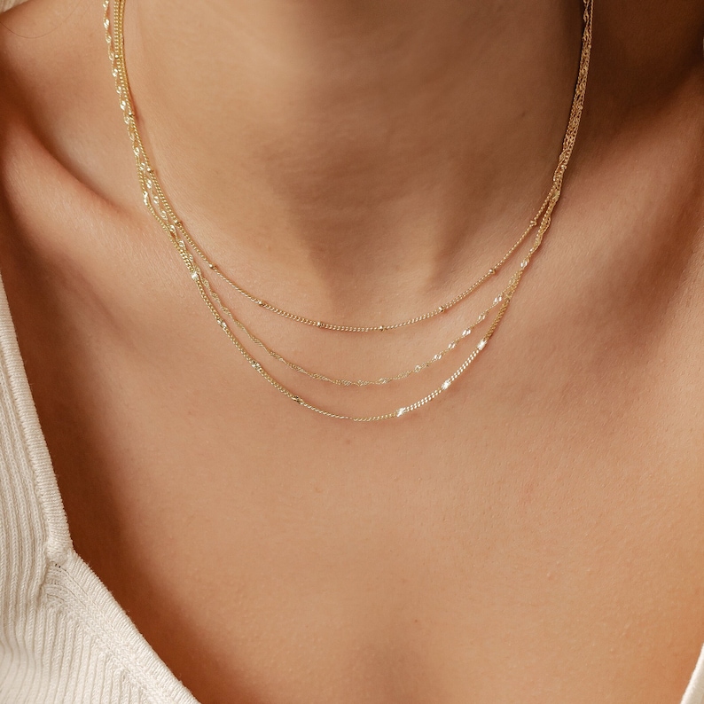 Fine Chain Necklaces Gold Sterling Silver Set of 3 Layering Necklaces 18K Gold Plated Gold