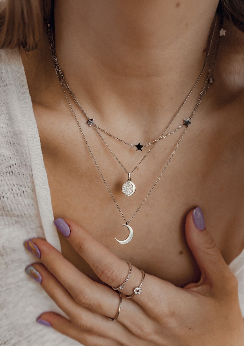 Moon Pendant Necklace Sterling Silver Round Zirconia Charm Necklace image 1