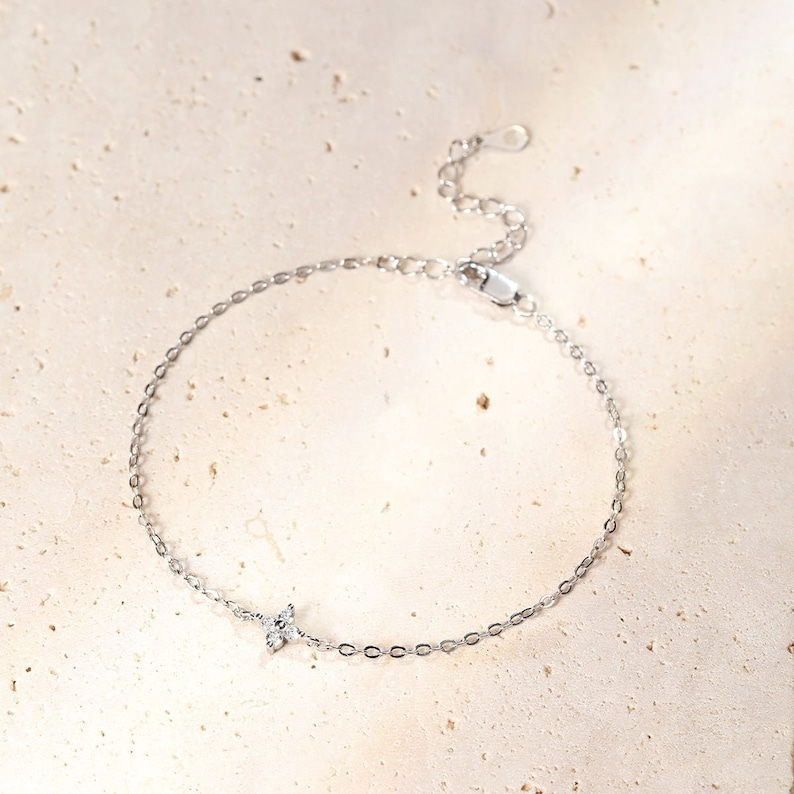 Flower Gemstone Charm Bracelet Sterling Silver Delicate Chain Bracelet Daisy Pendant with Zirconia image 5