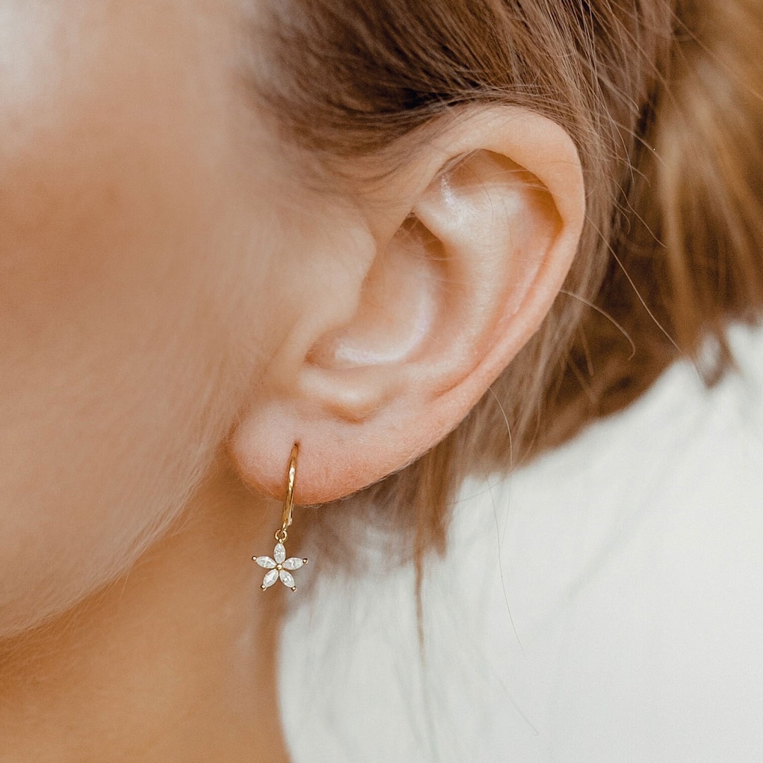 Huggie Earrings - Yellow Flower w/ Clear Gem Dangles - Lucy
