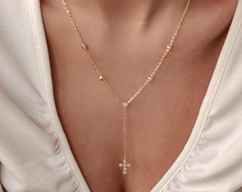 Cross Lariat Necklace Sterling Silver | Adjustable Y-Chain with Zirconia | Elegant Drop Necklace in Gold | Silver Cross Pendant Necklace