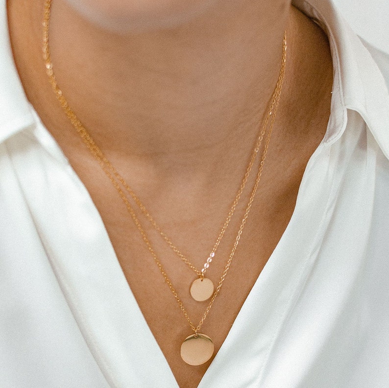 Rose Gold Necklace with Circle Pendants Layered Coin Necklace with 2 Circle Charms Gold Disk Necklace image 9