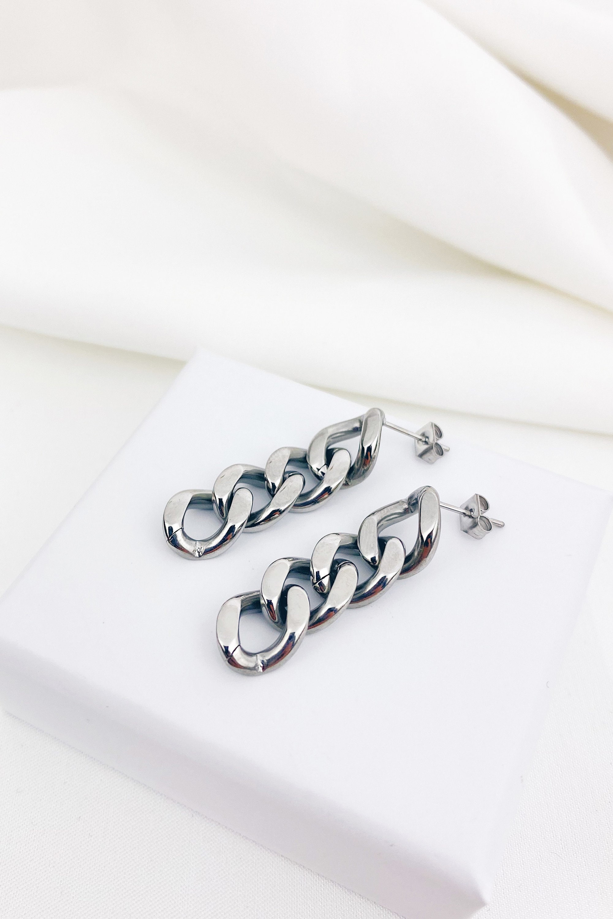 Chunky Curb Chain Earrings in Silver Trendy Blogger Dangle - Etsy