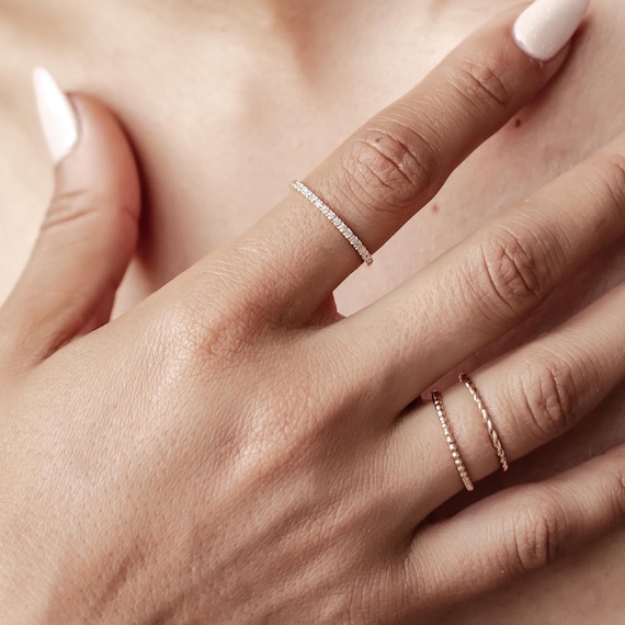 14K Solid Gold Ring for Wedding: Diamond, Beaded, Rope Band