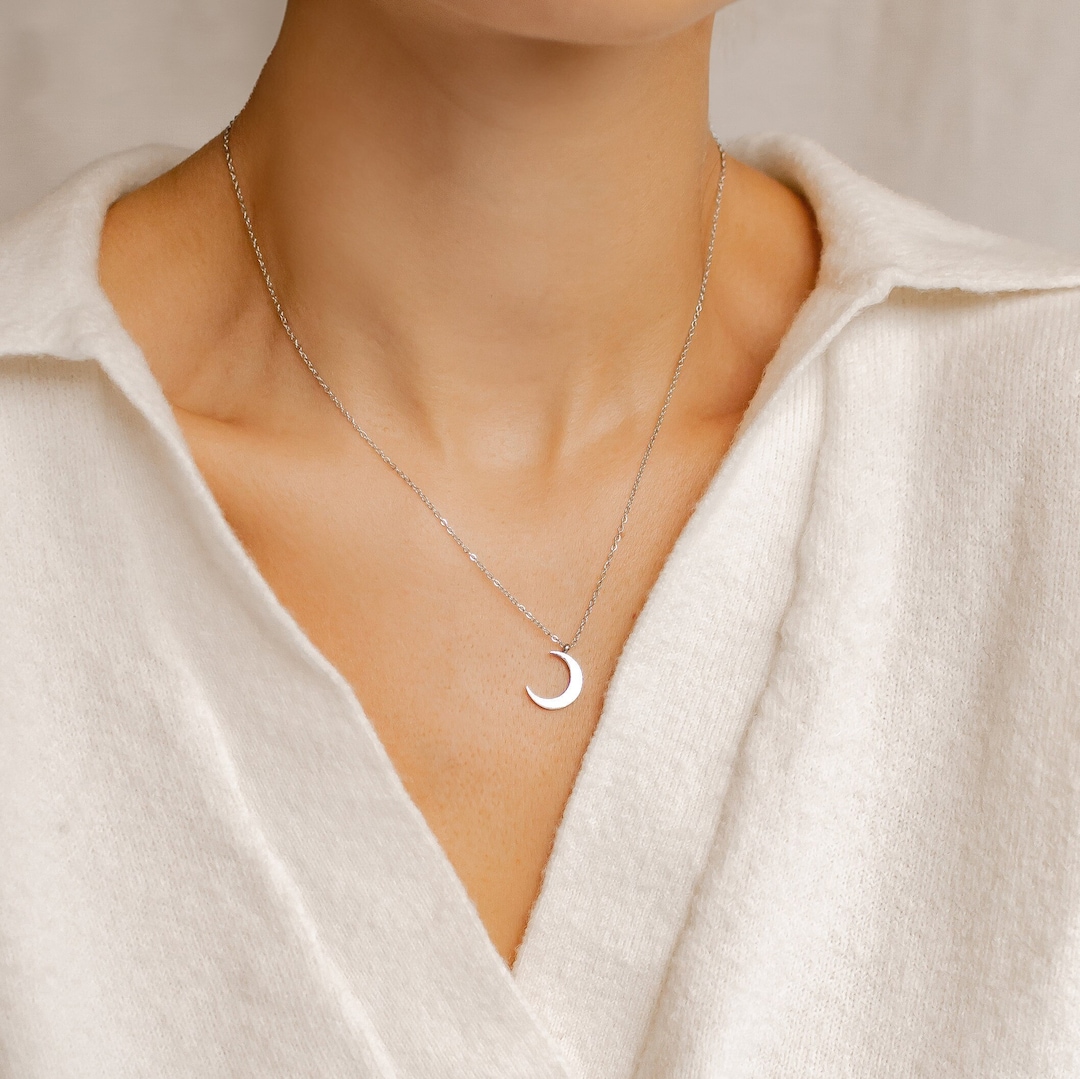 Half Moon Necklace Silver Colour Delicate Crescent Moon Pendant Necklace Available in 3 Colors Etsy Canada