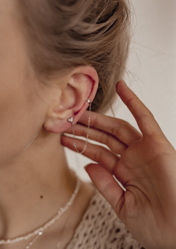 イヤリング Sterling Silver Open Heart Right / Left Ear Cuff For Women Heart Ear Cuff Earring Sterling Silver | Silver Chain Ear