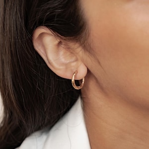 Può includere: Primo piano di un orecchino a cerchio dorato con superficie strutturata. L'orecchino è indossato sull'orecchio di una persona con capelli scuri e una camicia bianca. L'orecchino ha un design piccolo e circolare.