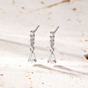 Dainty Teardrop Earrings Gold Sterling Silver Dangling Earrings CZ Stud Earrings Tiny Dangle Earrings image 3