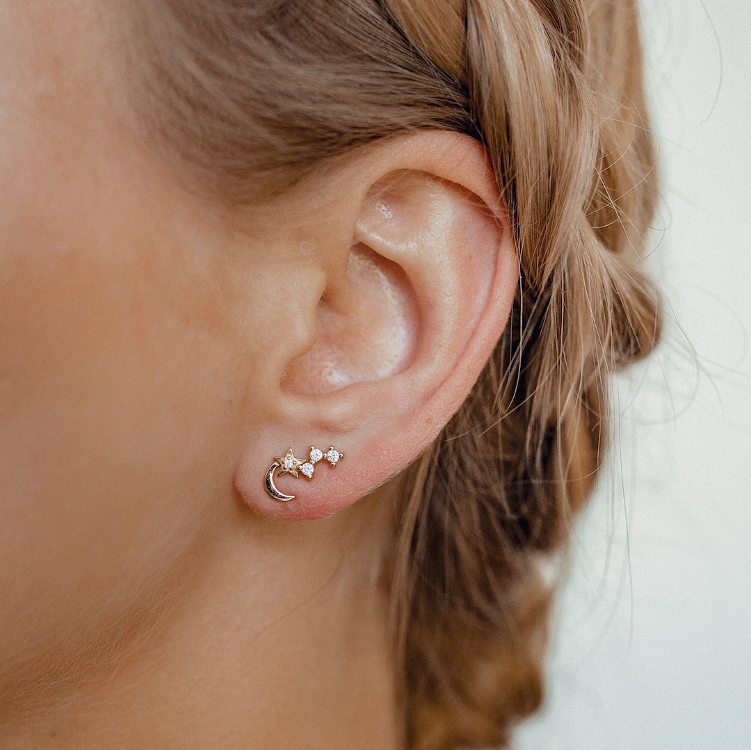 Boucles d'oreilles à tige lune et étoile en argent sterling | Boucles d'Oreilles Célestes Clou d'Oreille avec Zircone Cosmic Jewelry