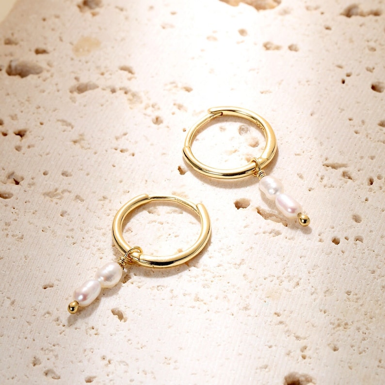 Double Pearl Hoop Earrings Gold Sterling Silver 925 Silver Hoop Earrings with Pearl Charm 18K Gold Plated image 2