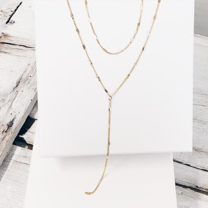 Long Layered Necklace in Gold Colour Delicate Y Necklace Double Row Necklace Stainless Steel image 2