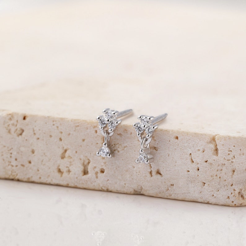 Flower Drop Stud Earrings Sterling Silver Delicate Drop Studs with Gemstone Charm Small Gold Flower Earrings image 4