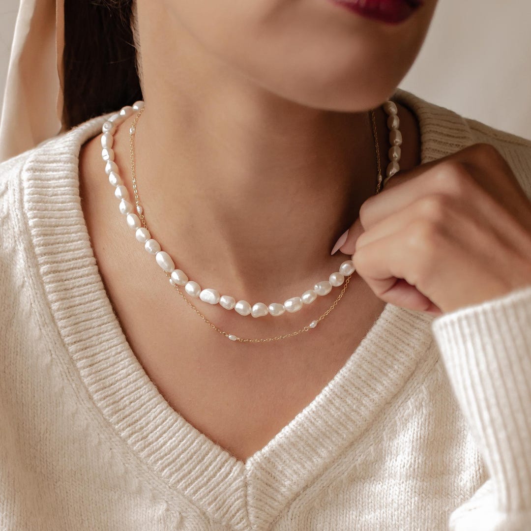 ★VINTAGE HOLLYWOOD★ Baroque Pearl Layered Necklace Baroque Pearl Gold Layered Necklace & Earrings Set, Large