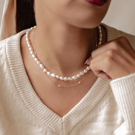 VINTAGE HOLLYWOOD★Baroque Pearl Layered Necklace Layered Pearl Necklace Set | Sterling Silver Necklace With