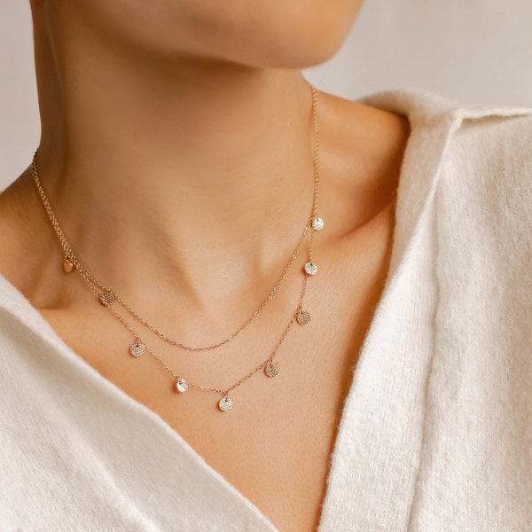 Textured Circle Layered Necklace Rose Gold | Dainty Women Necklace Stainless Steel