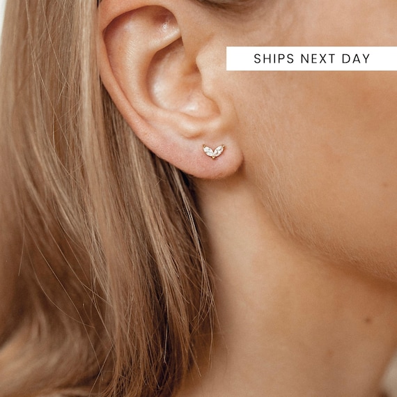 9K Gold Zirconia Stud Earrings: Dainty V-Shape Ear Studs Fine Jewelry