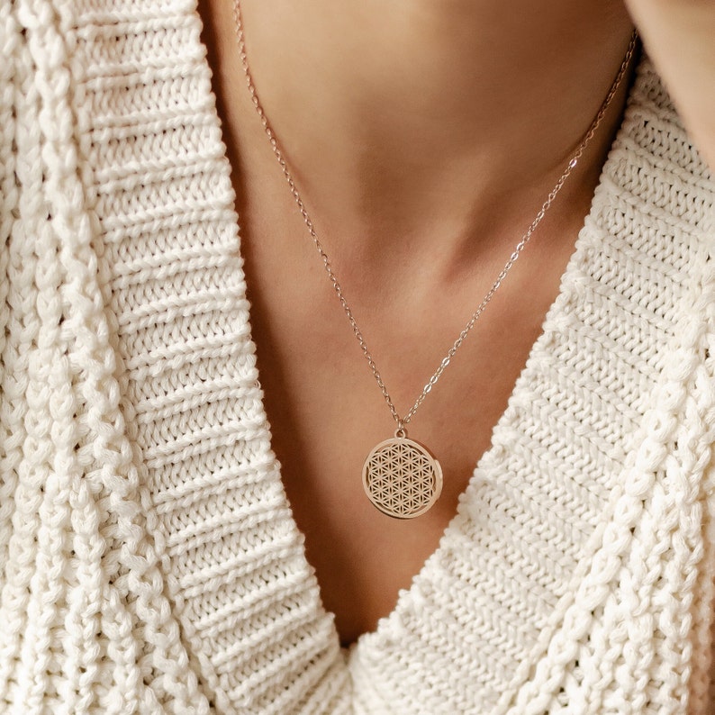 Flower of Life Necklace Rose Gold Flower of Life Silver Necklace Women Necklace Waterproof Stainless Steel image 3