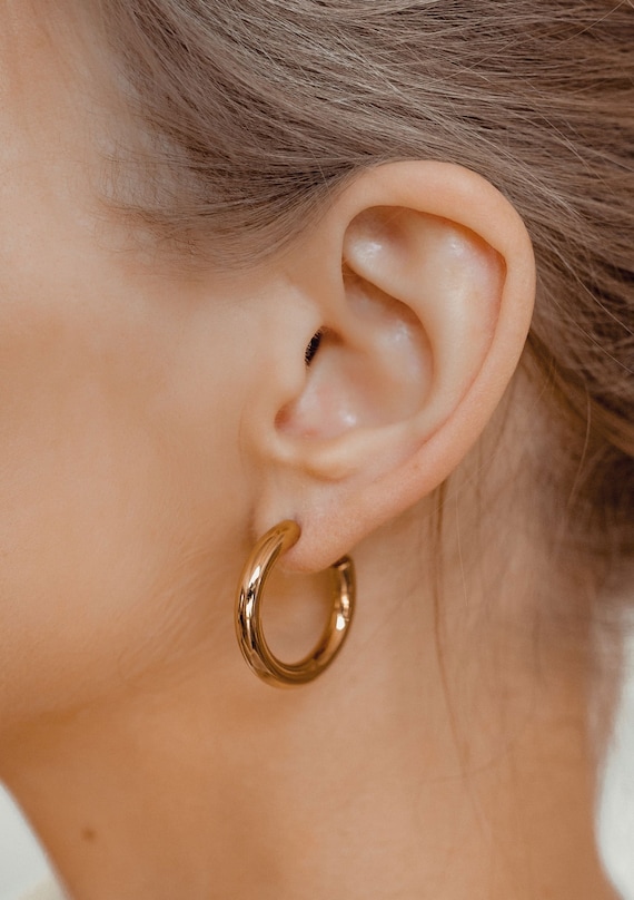 Mid Hoop Earrings in Gold Colour Round Thick Golden Hoops 