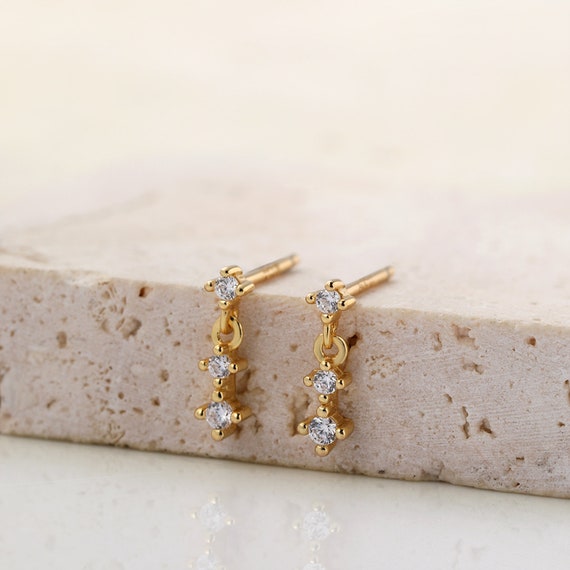 Delicate Drop Stud Earrings Sterling Silver | Small Drop Studs with Dangling Stones | Tiny Gold Dangle Earrings