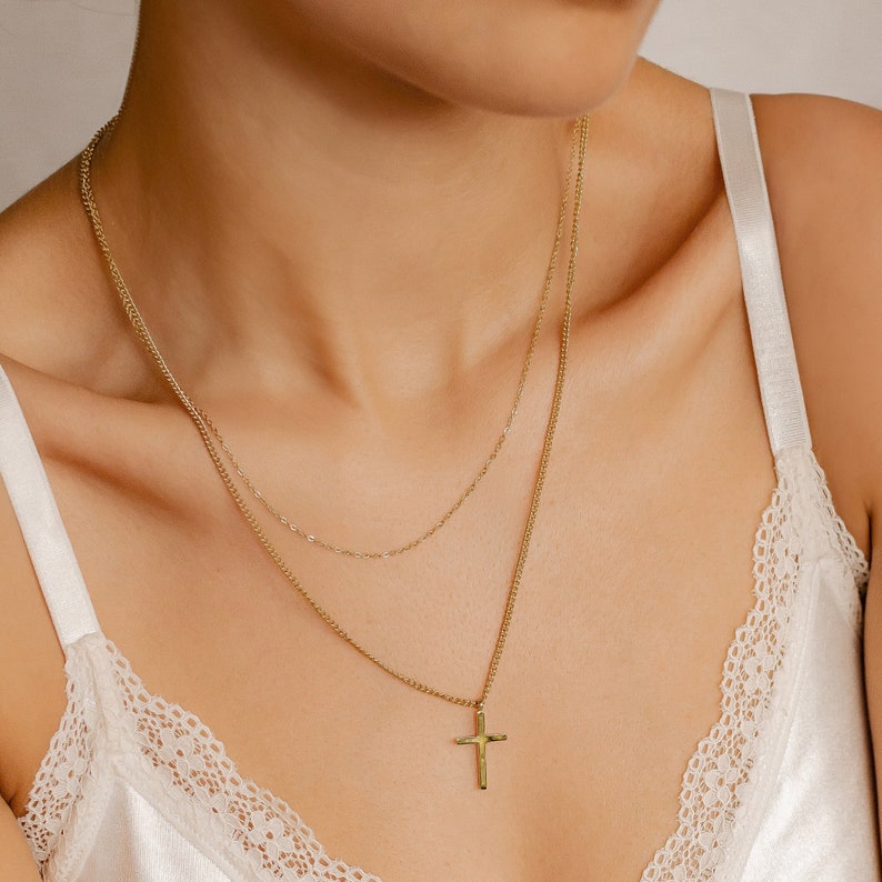 Cross Necklace Gold Colour Delicate Layered Necklace with Cross Pendant Stainless Steel Jewellery image 1