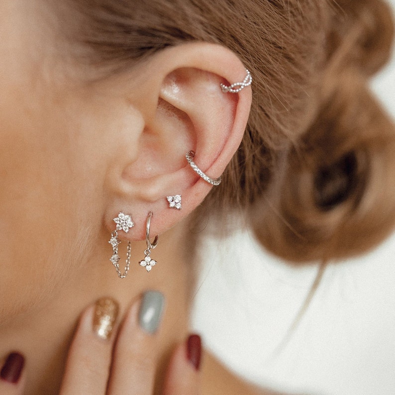 Clous d'oreilles fleur avec zircone en argent sterling 925 Boucles d'oreilles pendantes avec chaîne et breloques en pierres précieuses image 6