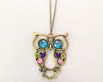 Fashion jewelry - OWL with rhinestones H 50 mm W 40 mm brass link chain L 70 cm Birthday Mother's Day gift