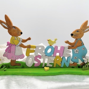 Decoración de Pascua de madera - "Happy Easter" H 20 cm W 45 cm Hecho a mano de Baviera conejitos de decoración de Pascua sostenibles Regalos de Pascua