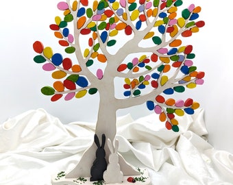 Decoración de Pascua de madera - árbol de huevos blancos Alt. 41 cm An. 35 cm Huevos de Pascua de primavera regalos hechos a mano en Baviera Decoración de madera