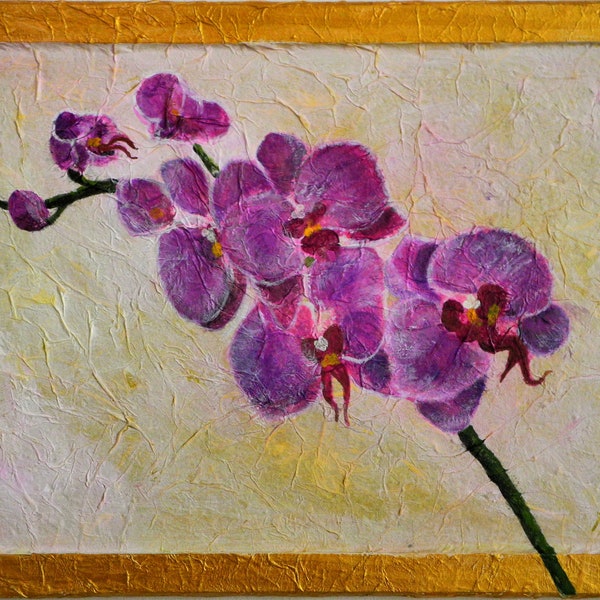 Acrylmalerei - Orchidee H 30 cm B 40 cm Seidenpapier und Acrylfarben auf Korkwand  Muttertag Unikat signiert handgemacht