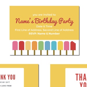Personalizado Ice Lolly Cumpleaños Invita invitaciones (imprimibles) , fiesta con tarjetas de agradecimiento GRATIS. Cumpleaños de verano. Lollies de hielo.