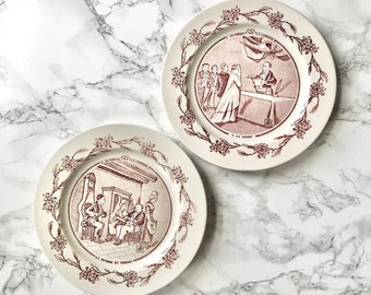 Pair of antique pottery dessert plates on the theme of "Marriage in the countryside" - "The marriage proposal" and "At the town hall"