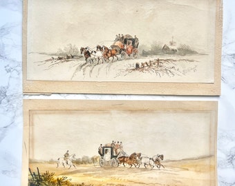 PH Rideout (1860-1920) - Antique watercolour pair showing a coaching scene in a summer and a winter landscape unframed