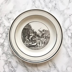 Antique French Large old earthenware creamware 1830 plate with printed decoration of men in 17th century costumes Choisy-le-Roi