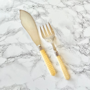 Antique serving cutlery set silver plated hand carved bone handle antique box Joseph Haywood & Company victorian silver plated table decor