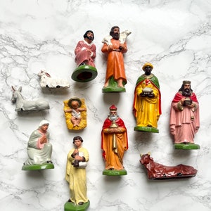 Antique rare French hand painted nativity set from the 30&#39;s Large size Art Deco complete set painted colourful terra cotta