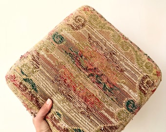 Vintage footed footstool blackened wood and colourful sweet charming fabric patina brocante cottage style antique ready to use
