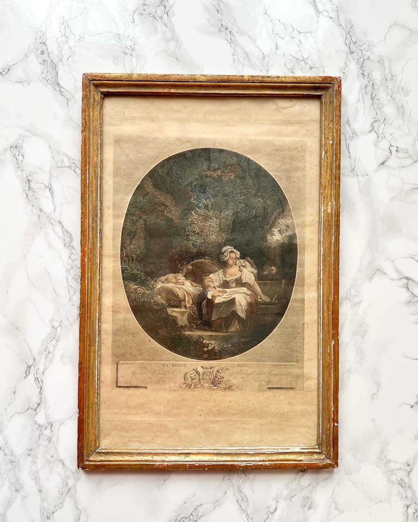 Fragonard - Gravure Ancienne Représentant Une Mère avec Ses Enfants Cadre Doré Ancien